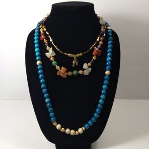 Stone Bead Necklace Lot 3 Colorful Statement  Gold Tone Modern Party Glam Fun